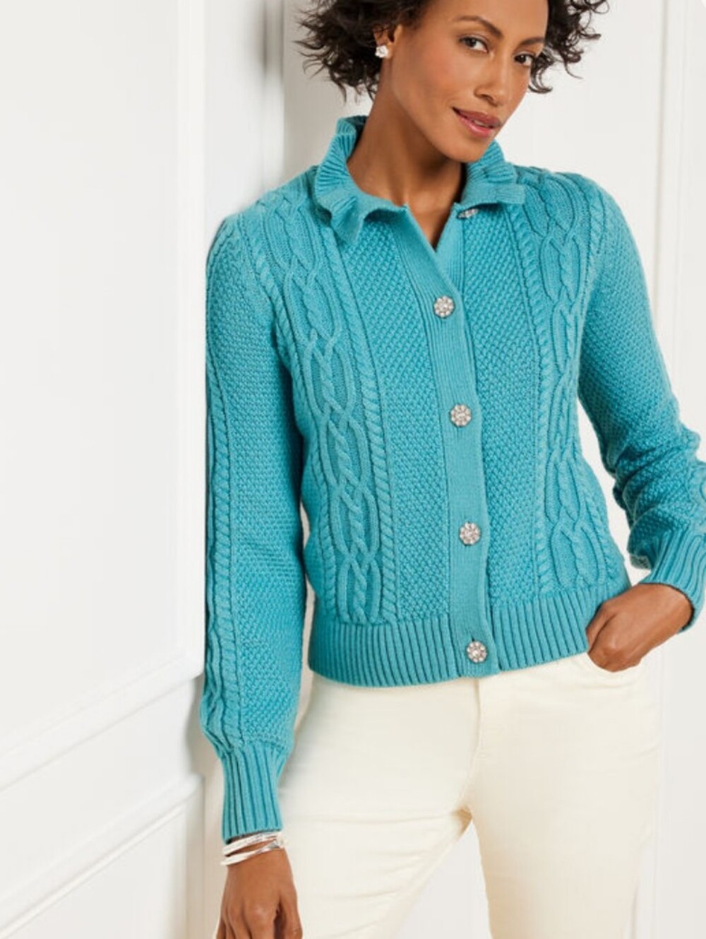 Talbots Ruffle Mockneck Cardigan Cotton Blend Blue Turquoise Medium